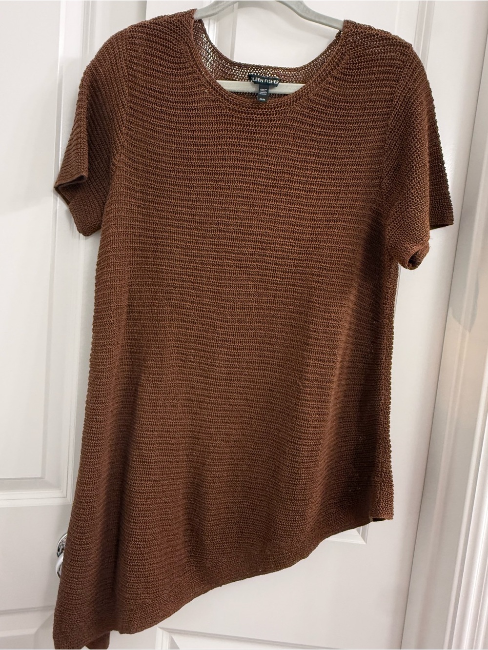 Eileen Fisher Brown Linen Cotton Scoop Neck Knit Top Tape Pullover Fall Chic